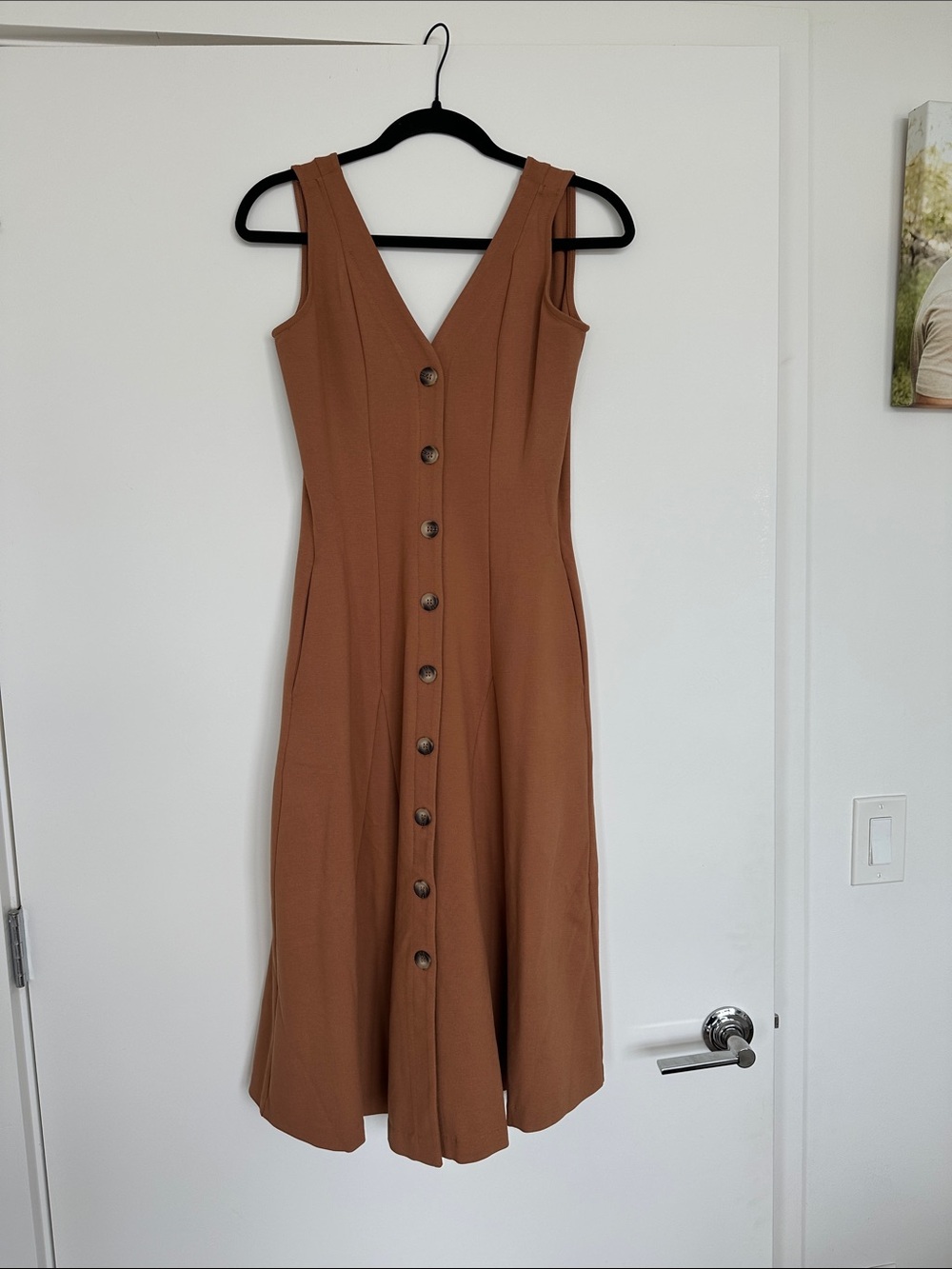Button-Front V-Neck Midi Dress in Brown